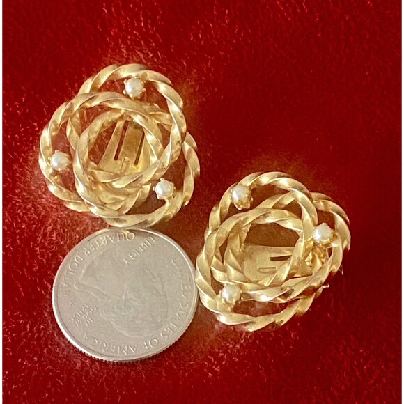 Vintage Gold-Plated Open Twist Lover's Knot Brooch and Earring Set Faux Pearl Ex - Picture 10 of 12